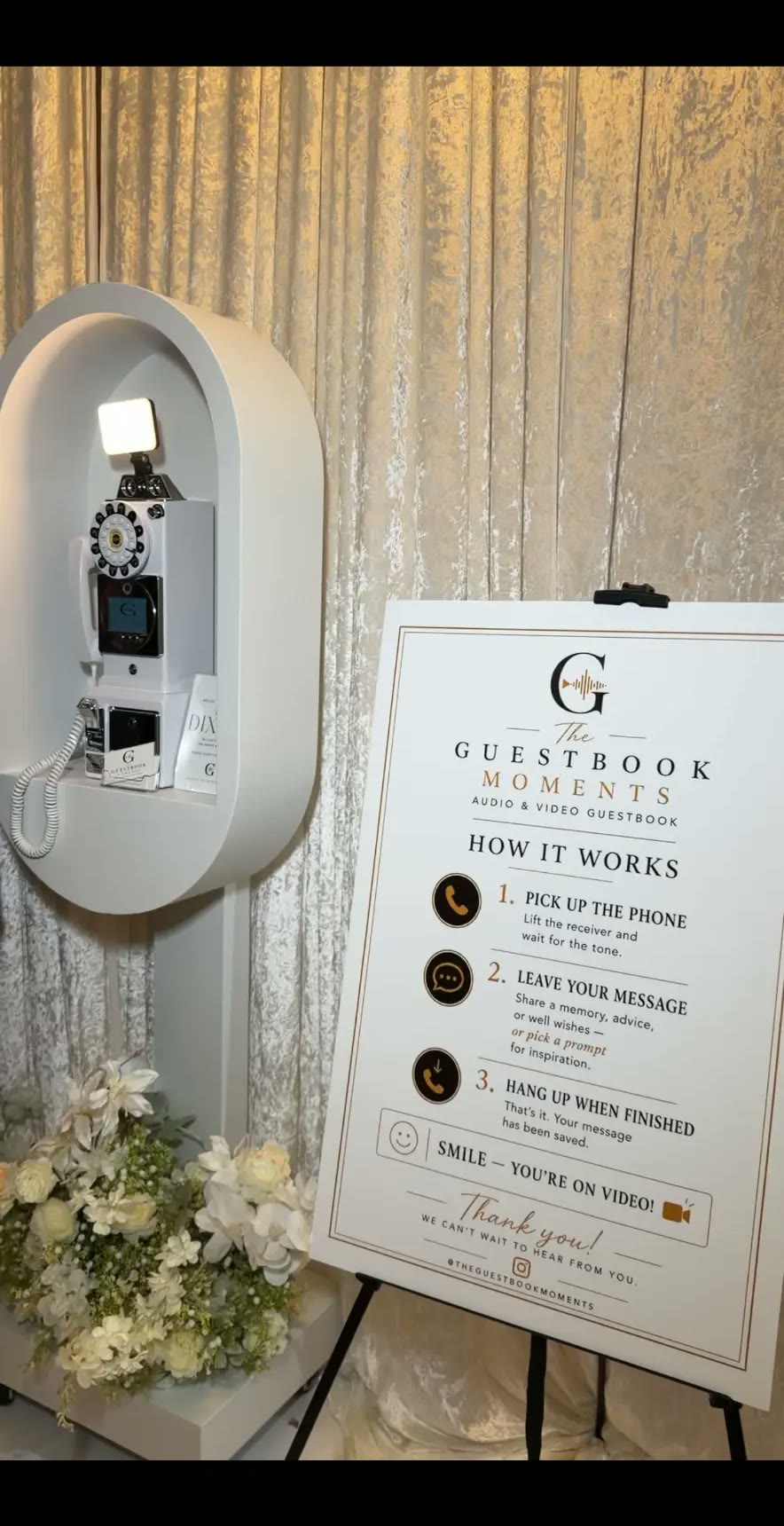 The Guestbook Moments telephone station and its How It Works signage at a real celebration
