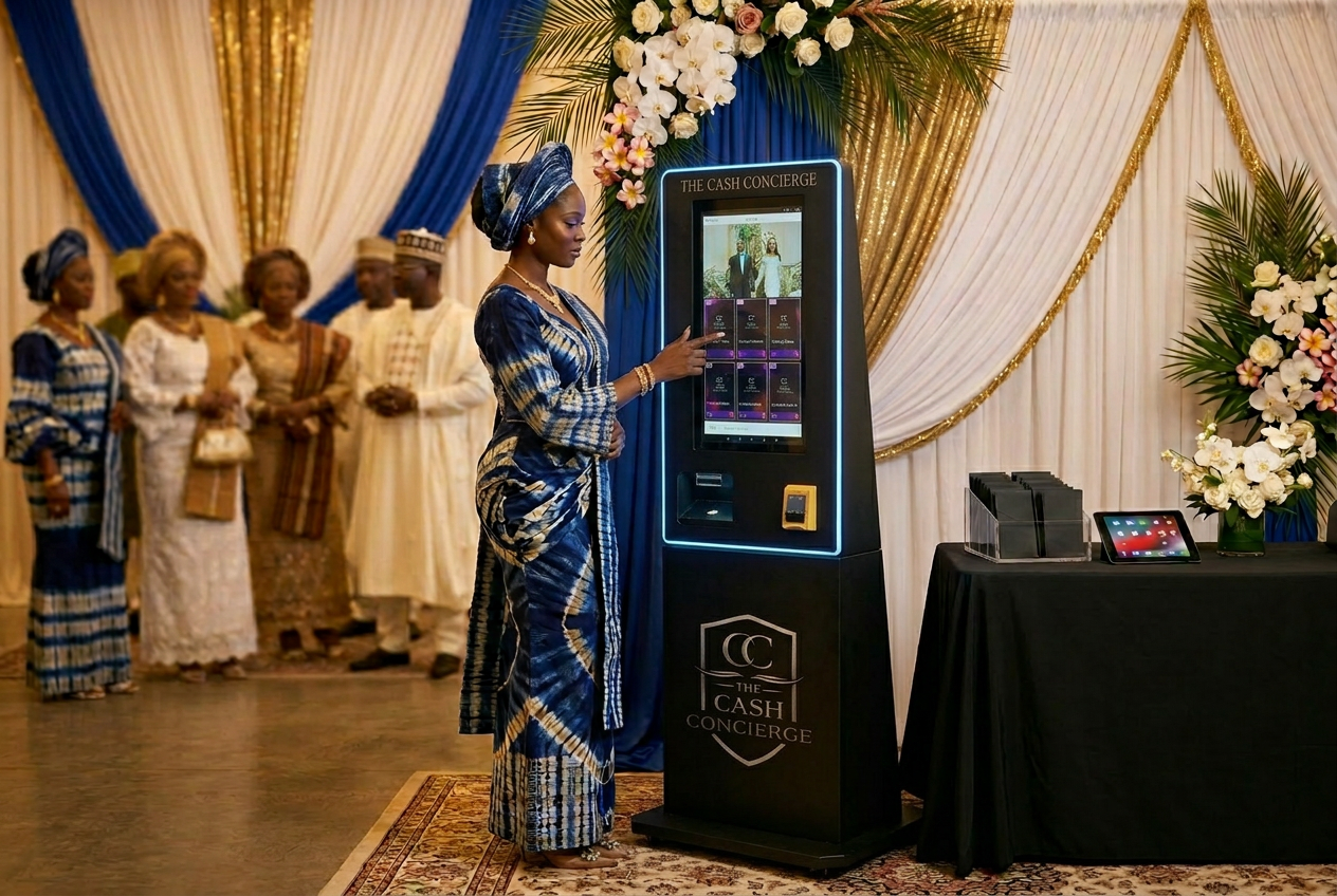 A guest using The Cash Concierge kiosk at an African traditional engagement beside a fully visible black-clothed money table with envelopes, tablet, and cash accessories